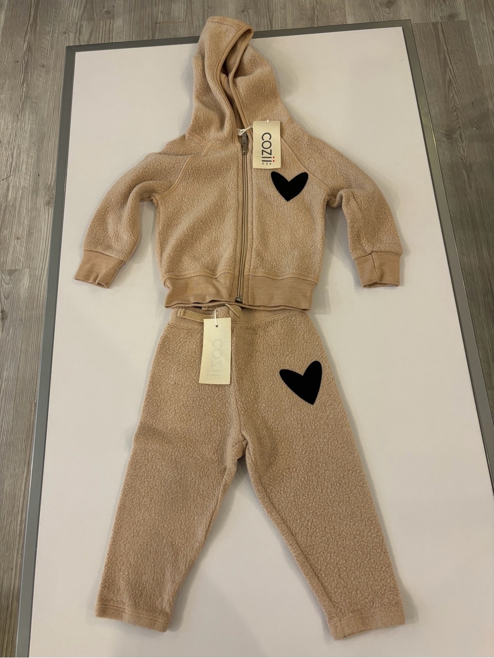 Kids Beige Fleece Matching Hoodie & Jogger Set with Heart Accent